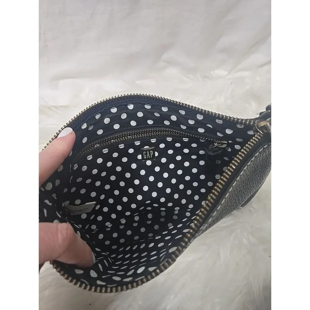 VTG GAP Black Wristlet‎ Pebble Cow Leather Polka Dot Lining Small Y2K